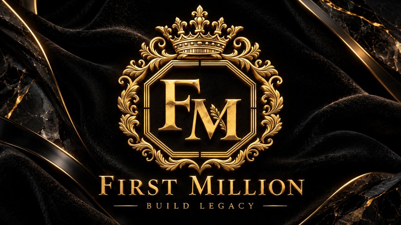 First Million — Build Legacy. Gold FM crest and crown on black velvet.